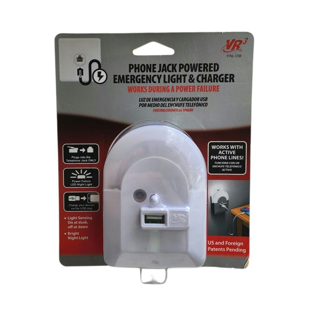 VR3 Phone Jack Emergency LED Light USB Charger Power Outage Active Line NIB